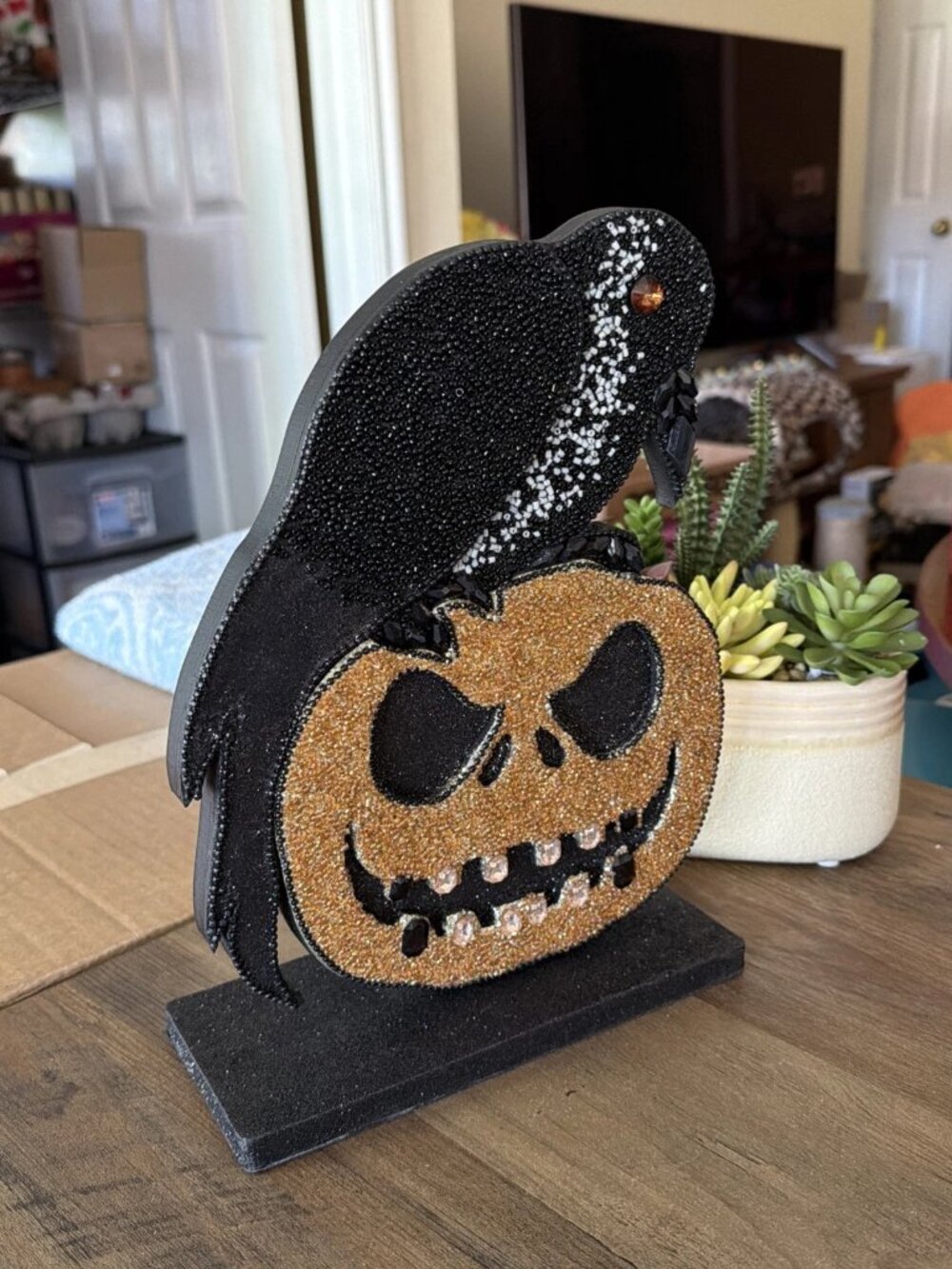 Embellished Halloween Tabletop Decor, Crow Perched On A Jack O Lantern - India - Picture 3 of 4